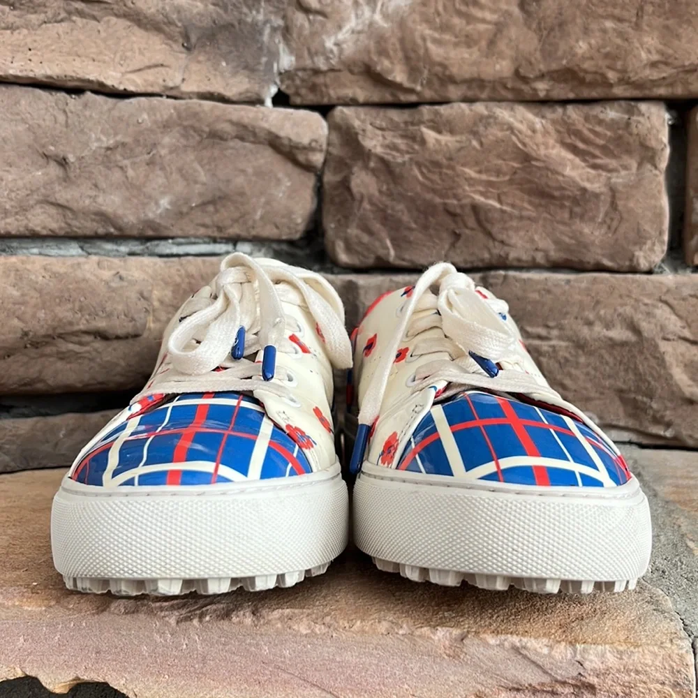 Tory Burch Cream Leather Golf Sneakers with Red and Blue Floral Print